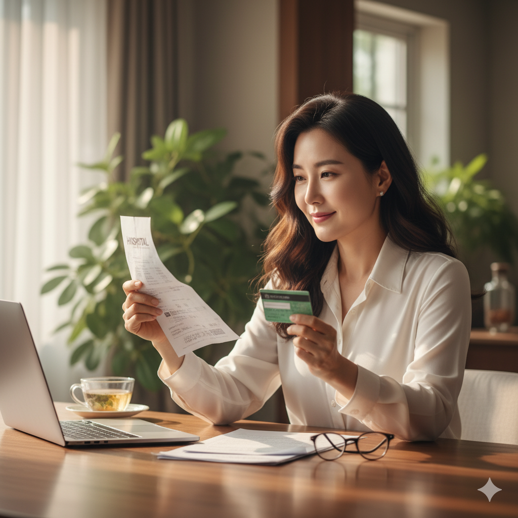 본인부담상한제 서류를 확인하고 안심하는 모습