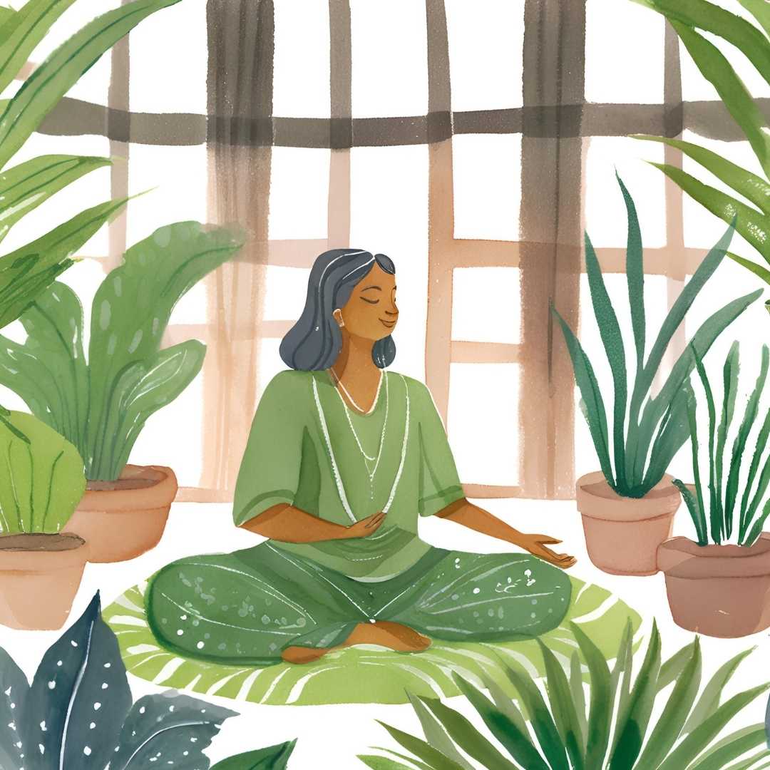명상하며 스트레스를 완화하는 현대 여성 일러스트