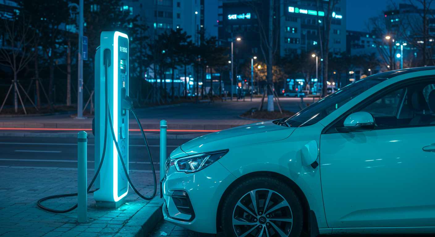 야간에 야외에서 전기 자동차 한대가 충전소에서 충전을 하고 있는 이미지