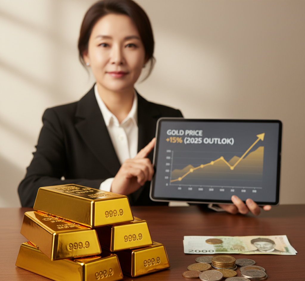 50대 중년 여성이 2025년 금값 상승 그래프를 설명하는 장면, 금괴와 동전, 현금이 함께 놓인 투자 이미지