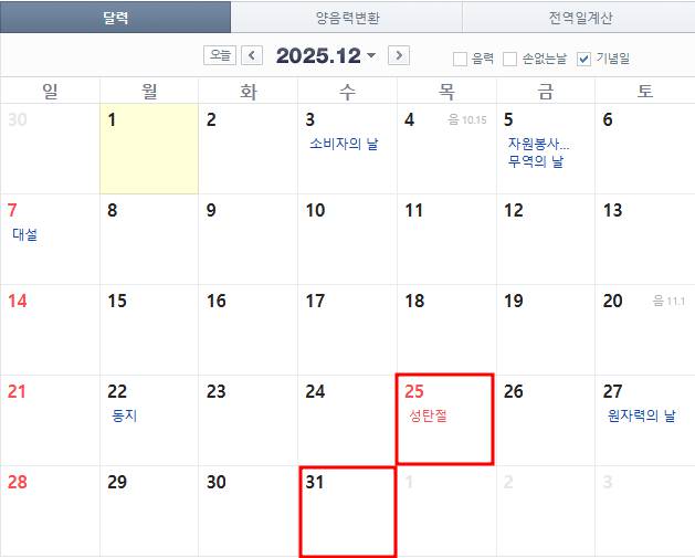 2025년 12월 증시 휴장일