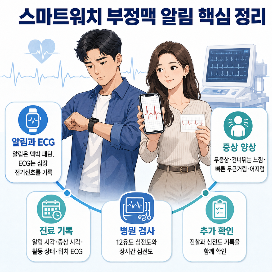 스마트워치 부정맥 알림과 ECG·증상·진료 기록·병원 심전도 핵심 정리