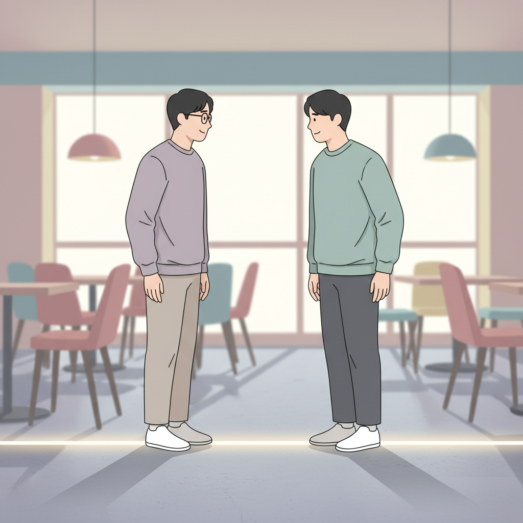 카페에서 일어서서 마주 보고 있는 두 남자 일러스트