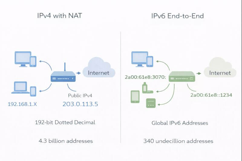 전산학 IPv4에서는 NAT로 여러 기기가 하나의 공인 주소를 공유하고, 전산학 IPv6에서는 기기가 공인 주소로 직접 통신 가능한 구조를 비교한 다이어그램