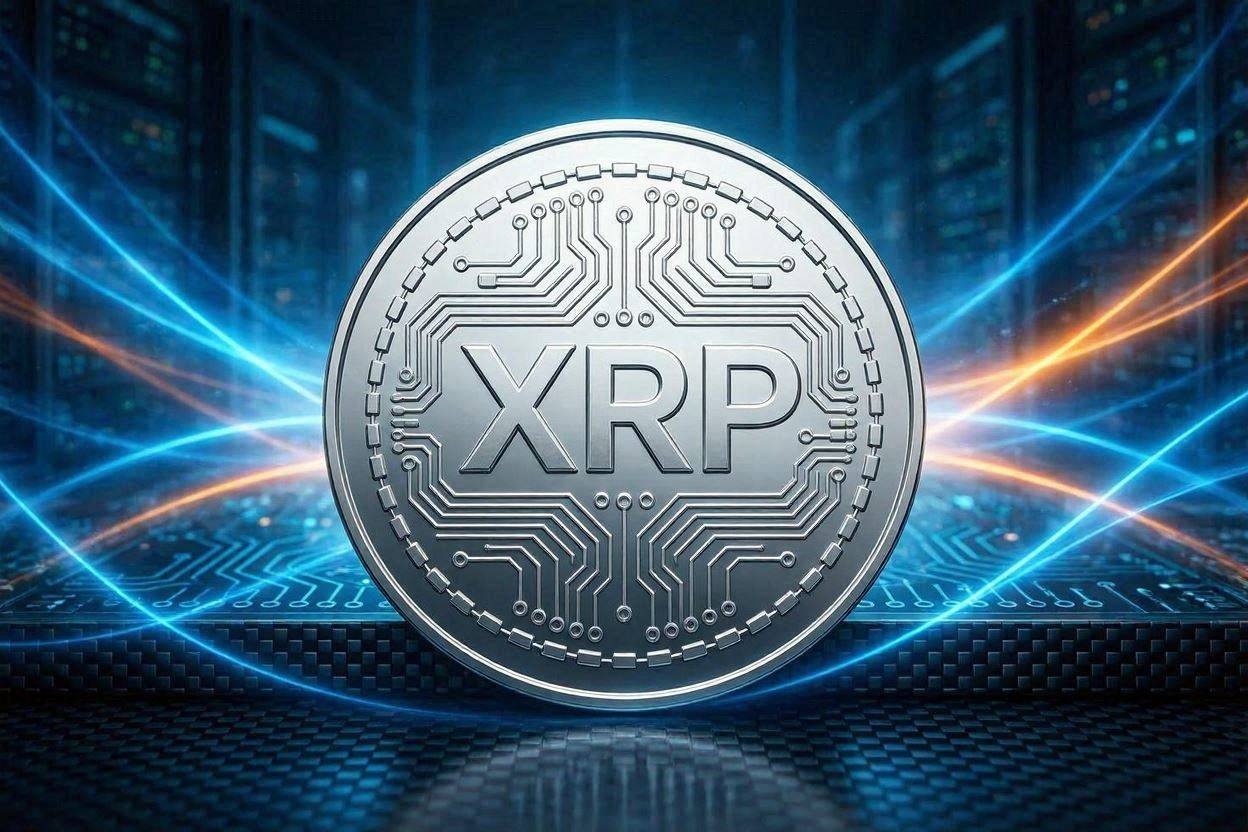 글로벌 금융 혁신을 상징하는 XRP 코인과 디지털 네트워크 결제 이미지