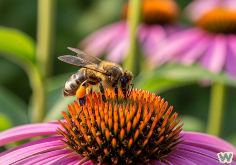 분홍색 꽃 위에서 꿀을 채집하는 꿀벌 via canva