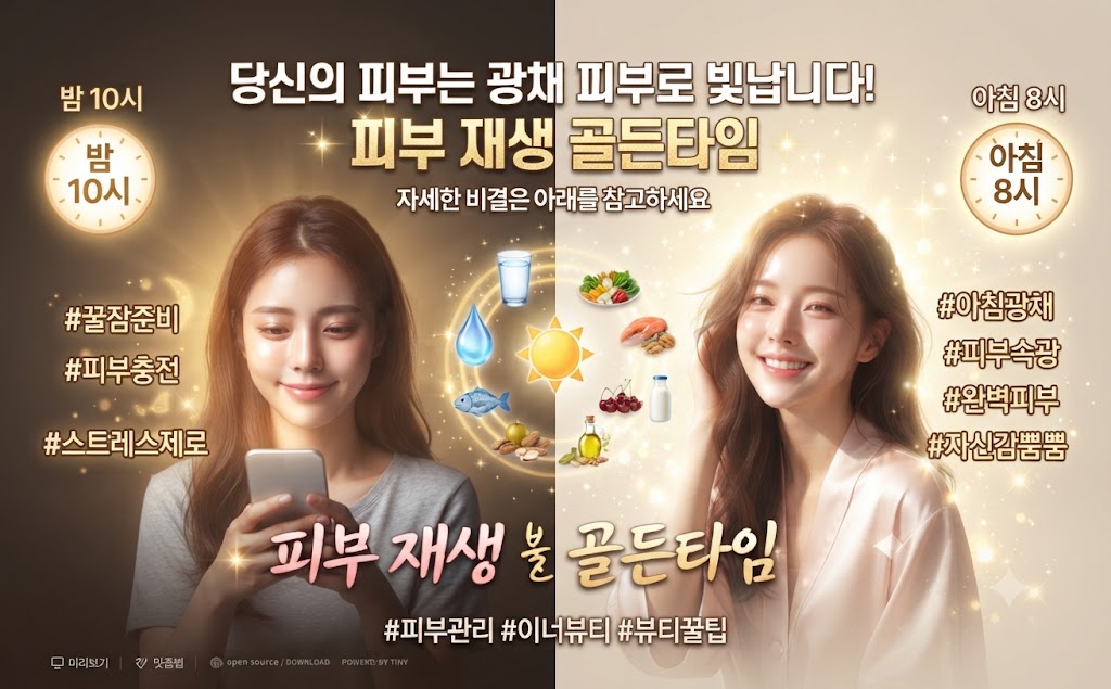 밤 10시와 아침 8시를 대비시켜 피부 재생의 골든타임을 강조하는 인포그래픽. 왼쪽은 밤 10시에 스마트폰을 보는 여성의 모습과 '꿀잠준비', '피부충전', '스트레스제로' 태그가 있고, 오른쪽은 아침 8시에 밝게 웃고 있는 여성의 모습과 '아침광채', '피부속광', '완벽피부', '자신감뿜뿜' 태그가 적혀 있음. 중앙에는 물, 채소, 과일, 견과류 등 피부에 좋은 요소들이 아이콘으로 배치되어 있음.