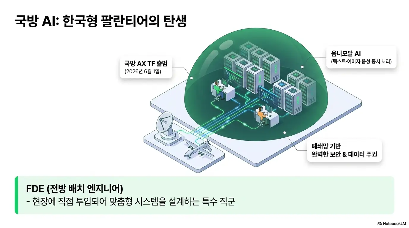 네이버 주가 전망: 2026년 6월 1일 국방 AX TF 출범과 옴니모달 AI 폐쇄망 보안 FDE 직군을 핵심으로 한 네이버 국방 AI의 한국형 팔란티어 전략을 보안 돔으로 표현한 이미지