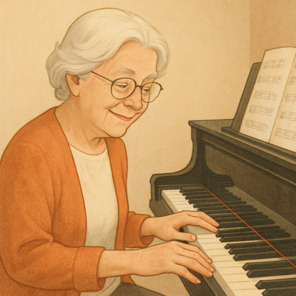흰머리의 할머니가 피아노를 치는 모습