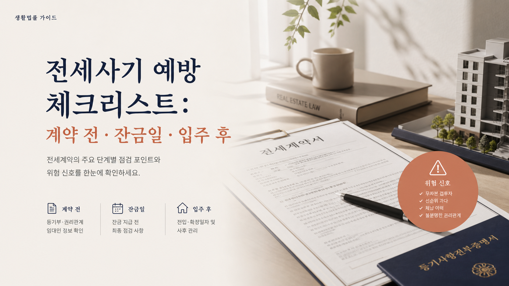 전세사기 예방 체크리스트: 계약 전&middot;잔금일&middot;입주 후 핵심 내용을 설명하는 부동산 안내