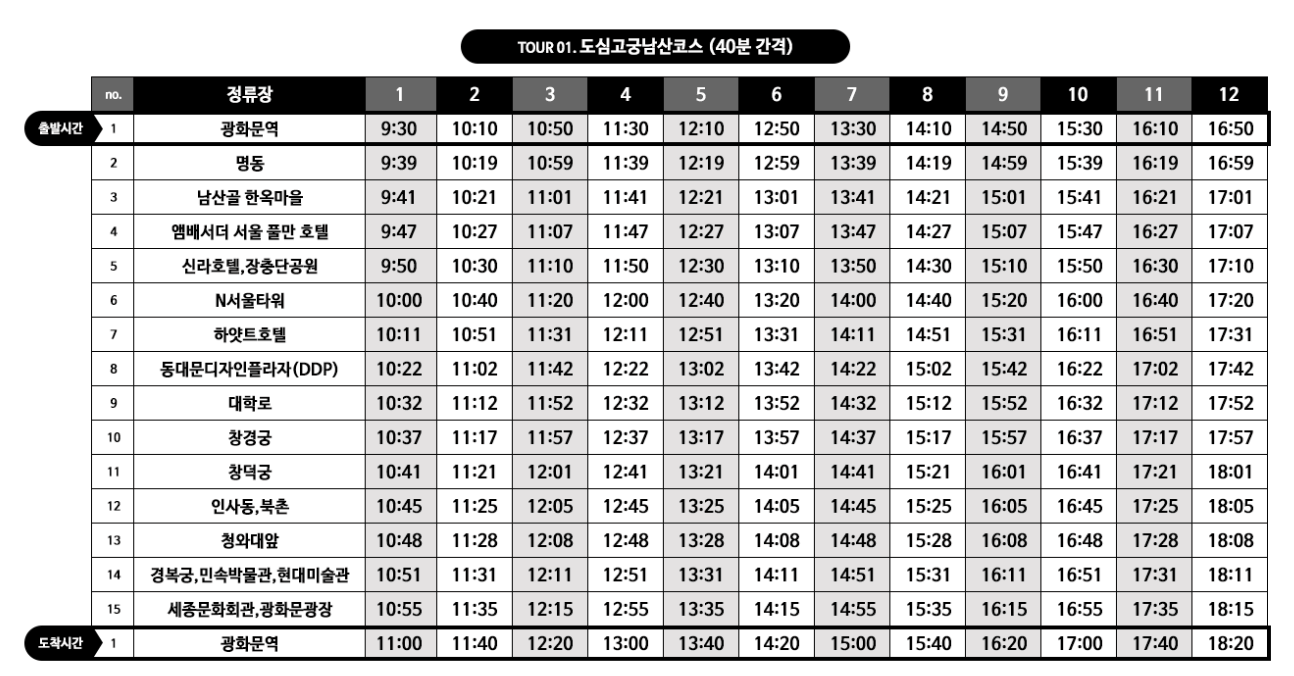 도심고궁운행시간안내