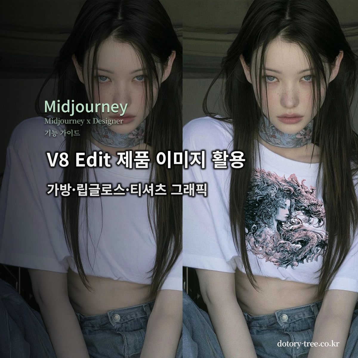 미드저니 V8 Edit로 티셔츠에 그래픽을 적용한 원본과 편집 결과 대표 이미지