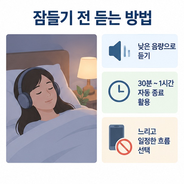 잠들기 전 잔잔한 피아노 음악을 낮은 음량과 자동 종료로 듣는 방법을 보여주는 이미지