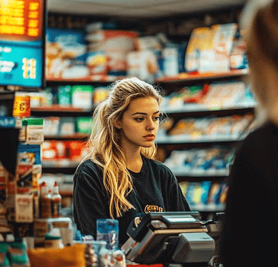 긴 갈색머리 백인 직원이 편의점에서 손님을 응대한다. 무뚝뚝한 표정이다.