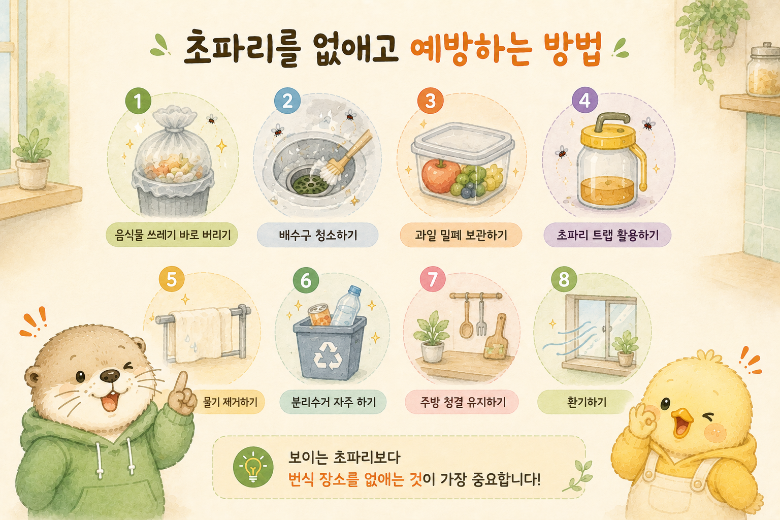 초파리를 없애고 예방하는 방법과 번식 장소 관리의 중요성을 정리한 인포그래픽