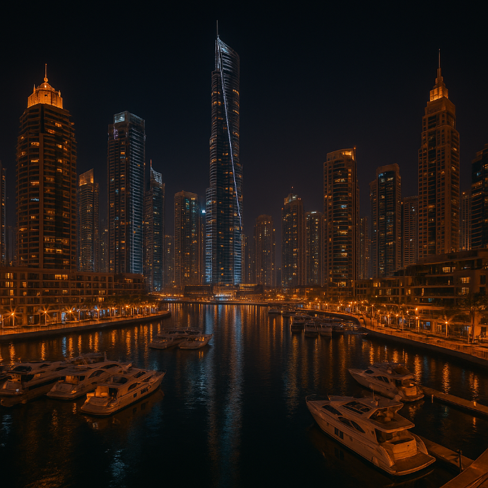 두바이 마리나 – 초고층 마천루와 요트가 어우러진 밤