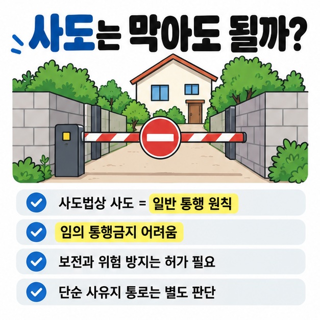 사도법상 사도는 일반인의 통행을 임의로 막기 어렵고 단순 사유지 통로와는 법적 성격이 다를 수 있음을 정리한 카드
