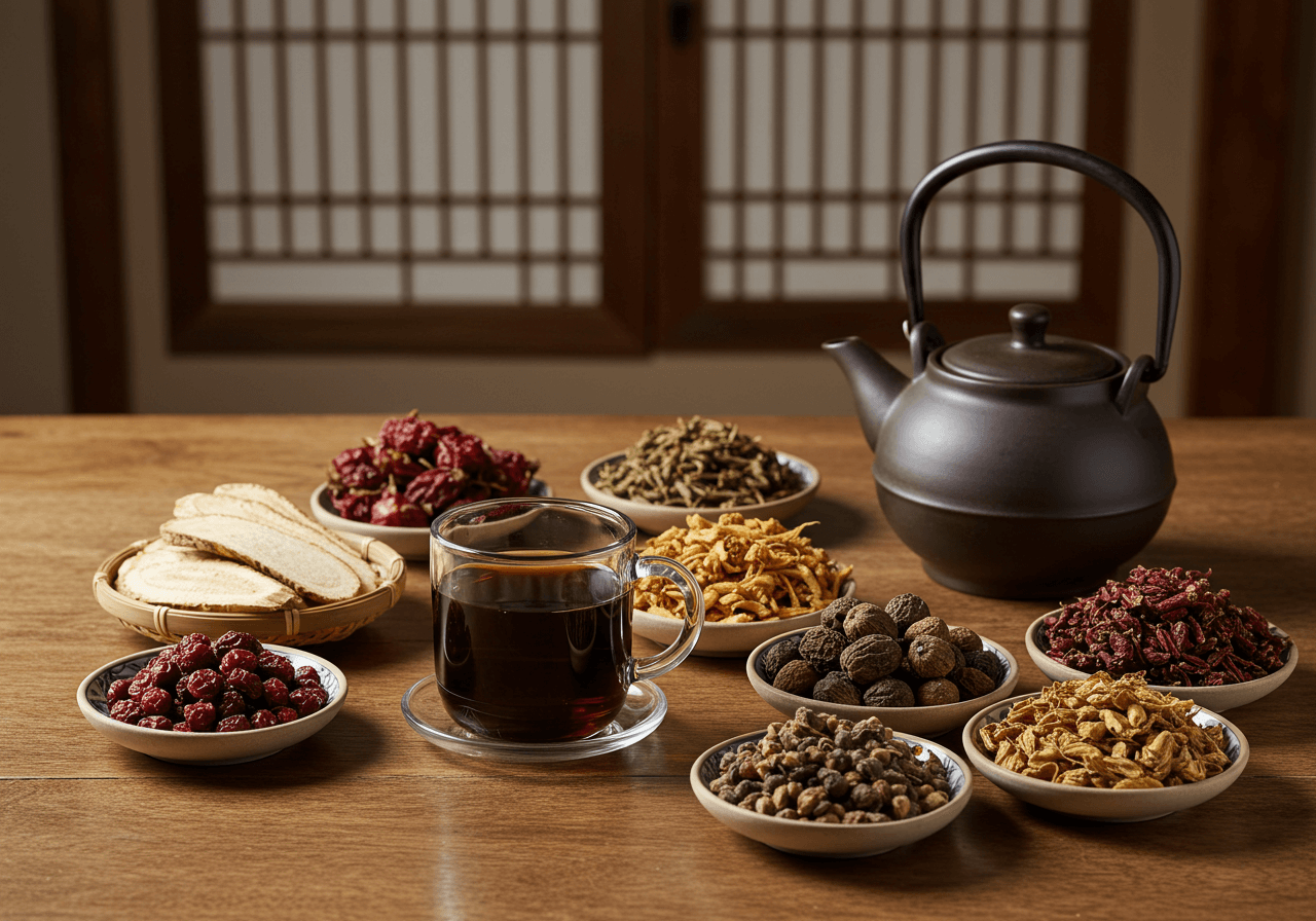 전통 한약 분위기의 원목 테이블 위에 흑염소 진액이 담긴 투명한 컵과 갈색 달임용 주전자가 놓여 있으며, 주변에는 당귀, 황기, 마가목 열매 등 다양한 말린 약재가 작은 바구니와 접시에 정갈하게 배열된 모습