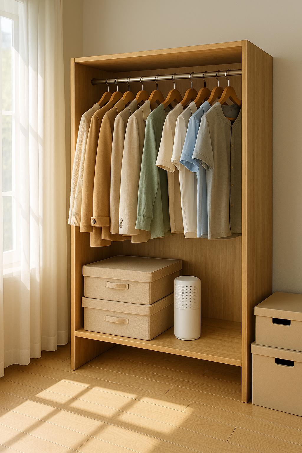계절 옷 정리가 잘 된 깔끔한 옷장과 수납 정리 공간