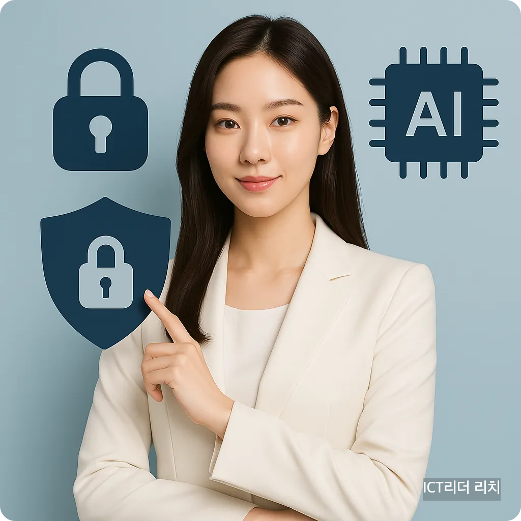 GPT-5 보안 개념 썸네일 &ndash; AI 칩, 자물쇠, 보안 방패 아이콘 앞에서 미소 짓는 20대 여성 전문가