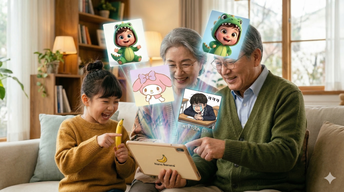 스마트폰 화면에서 뿜어져 나오는 다양한 캐릭터를 보며 즐거워하는 할아버지, 할머니와 손녀