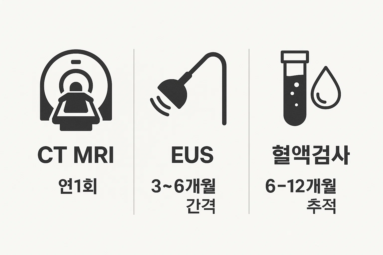 CT&middot;MRI 연 1회, EUS 3~6개월, 혈액검사 6~12개월 등 검사 종류별 권장 빈도를 실제 진료 가이드라인 기반으로 시각화한 췌장암 검사주기 인포그래픽