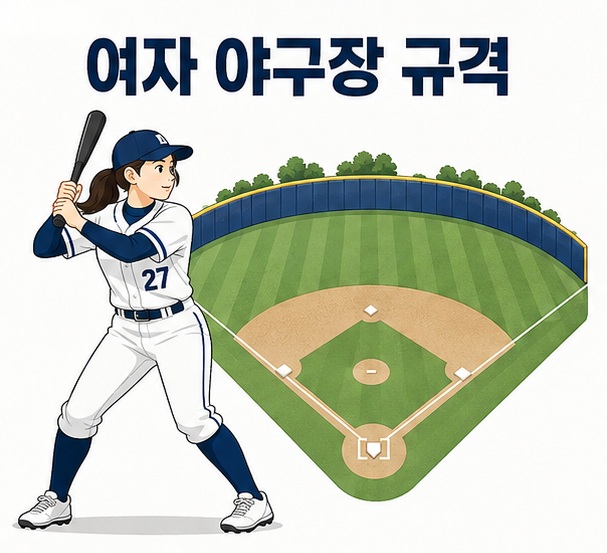 여자 야구선수와 야구 다이아몬드를 함께 배치해 여자 야구장 규격을 설명하는 대표 이미지