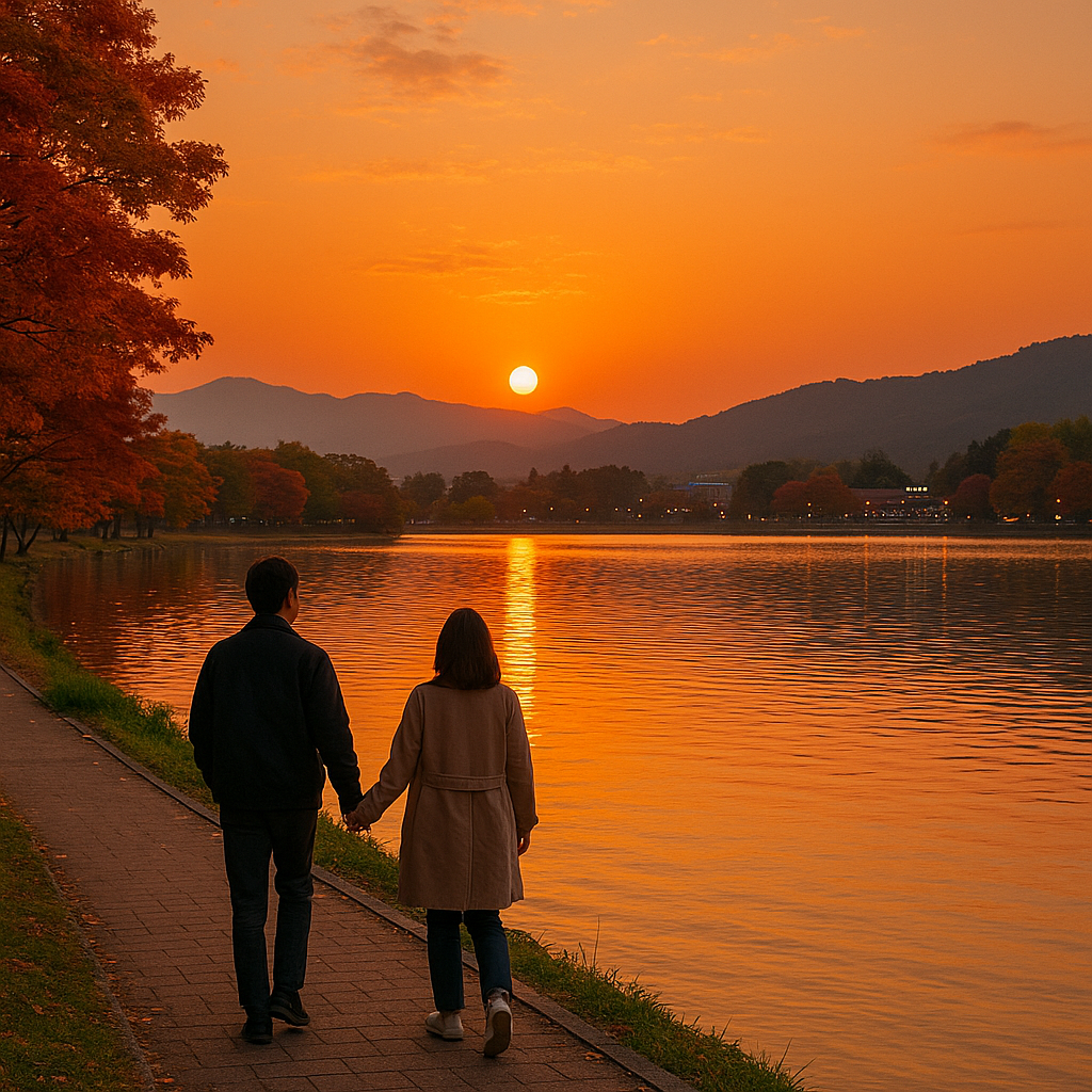 보문호수에 비친 석양빛과 산책하는 사람들