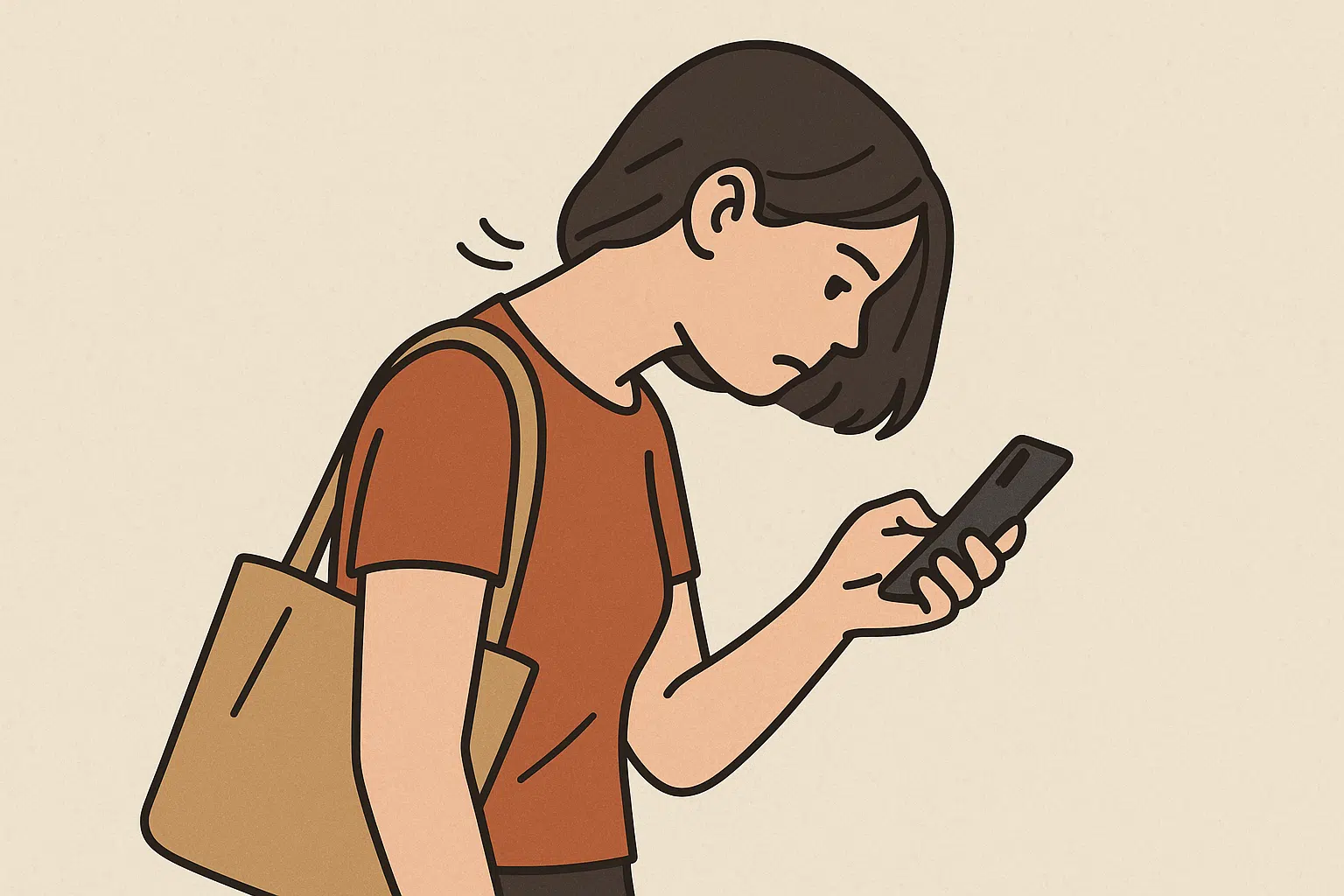 거북목, 장시간 스마트폰, 한쪽 어깨 가방