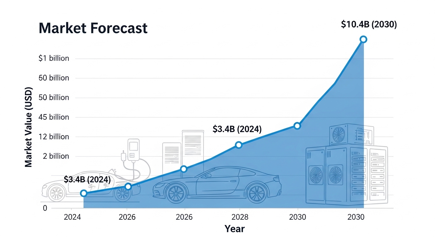 2024년 34억 달러에서 2030년 104억 달러로 급상승하는 그래프와 전기차·데이터센터 실루엣이 배경에 있는 시장 전망 차트.