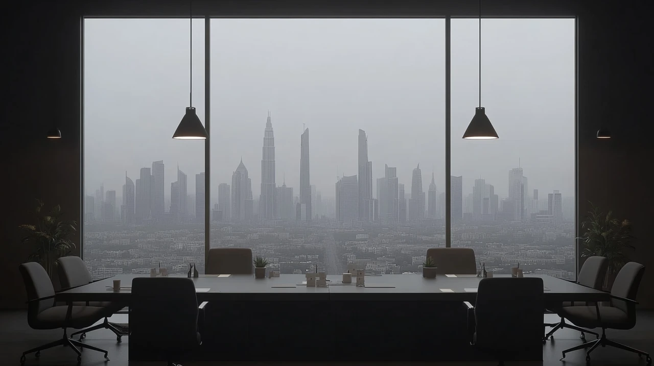 조용한 회의실에서 도시의 스카이라인을 배경으로 경제 성장을 논의하며 전략적 전망과 야망을 담아내는 장면, 부드러운 조명이 이러한 대화를 강조합니다.