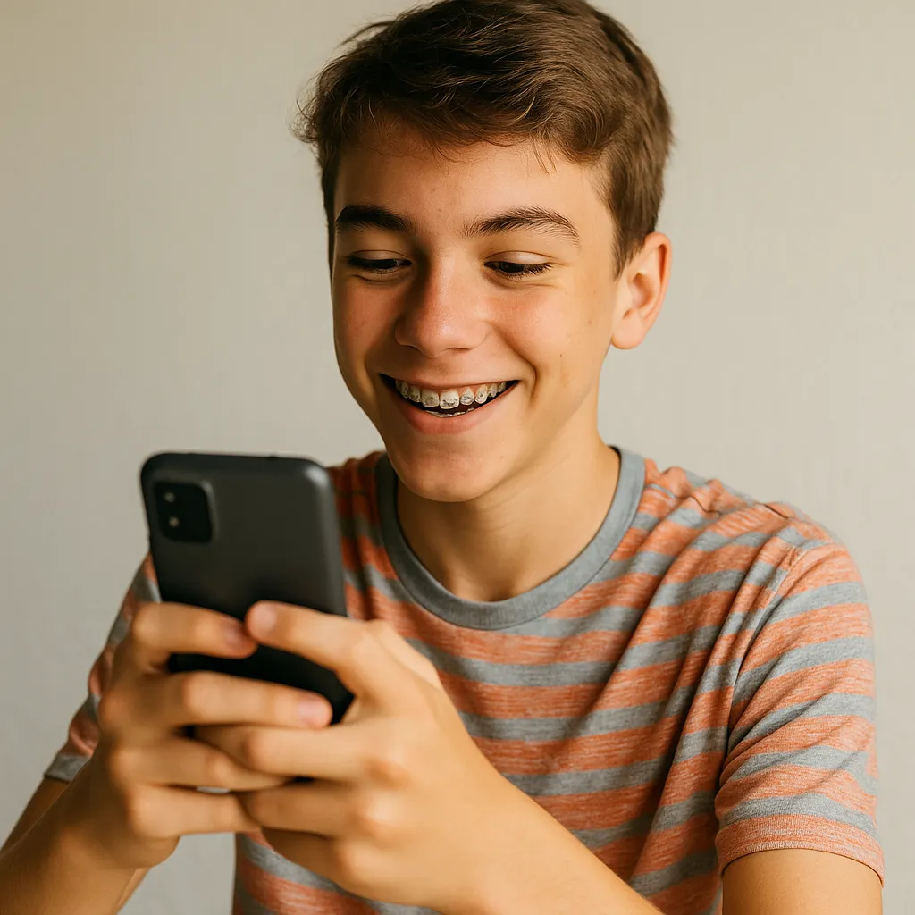 저가형 스마트폰을 사용하며 즐거워하는 10대 청소년