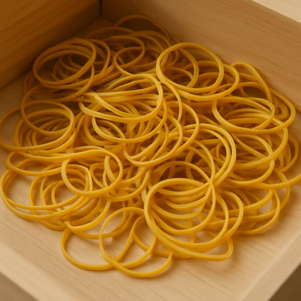 나무 서랍 안에 어지럽게 쌓여 있는 다수의 노란 고무줄