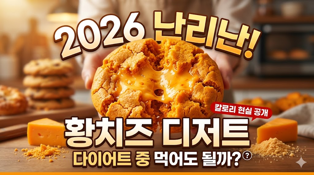 2026년 트렌드인 진한 황치즈 디저트(뚱쿠키)가 반으로 갈라져 꾸덕한 치즈 크림이 흘러나오는 먹음직스러운 모습을 중앙에 배치한 썸네일 이미지. 상단에는 "2026 난리난!", 중앙 하단에는 "황치즈 디저트", 그리고 그 아래 "다이어트 중 먹어도 될까?"라는 질문형 텍스트가 크고 선명하게 적혀 있다. 오른쪽에는 "칼로리 현실 공개"라는 작은 붉은색 강조 라벨이 붙어 있다. 배경은 부드럽게 흐려진 베이커리 분위기로, 나무 테이블 위에 다른 쿠키와 체다 치즈 조각, 가루가 놓여 있다.