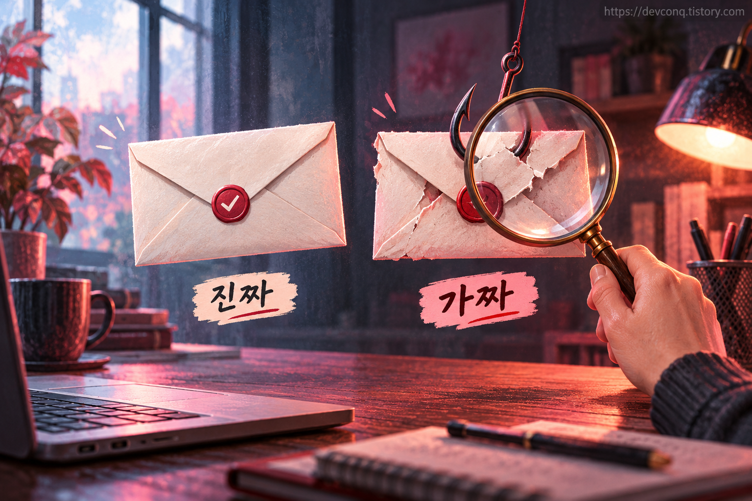 거의 똑같은 봉투 두 개 중 낚싯바늘이 튀어나온 가짜 봉투를 돋보기로 살피는 일러스트, 진짜&middot;가짜 꼬리표