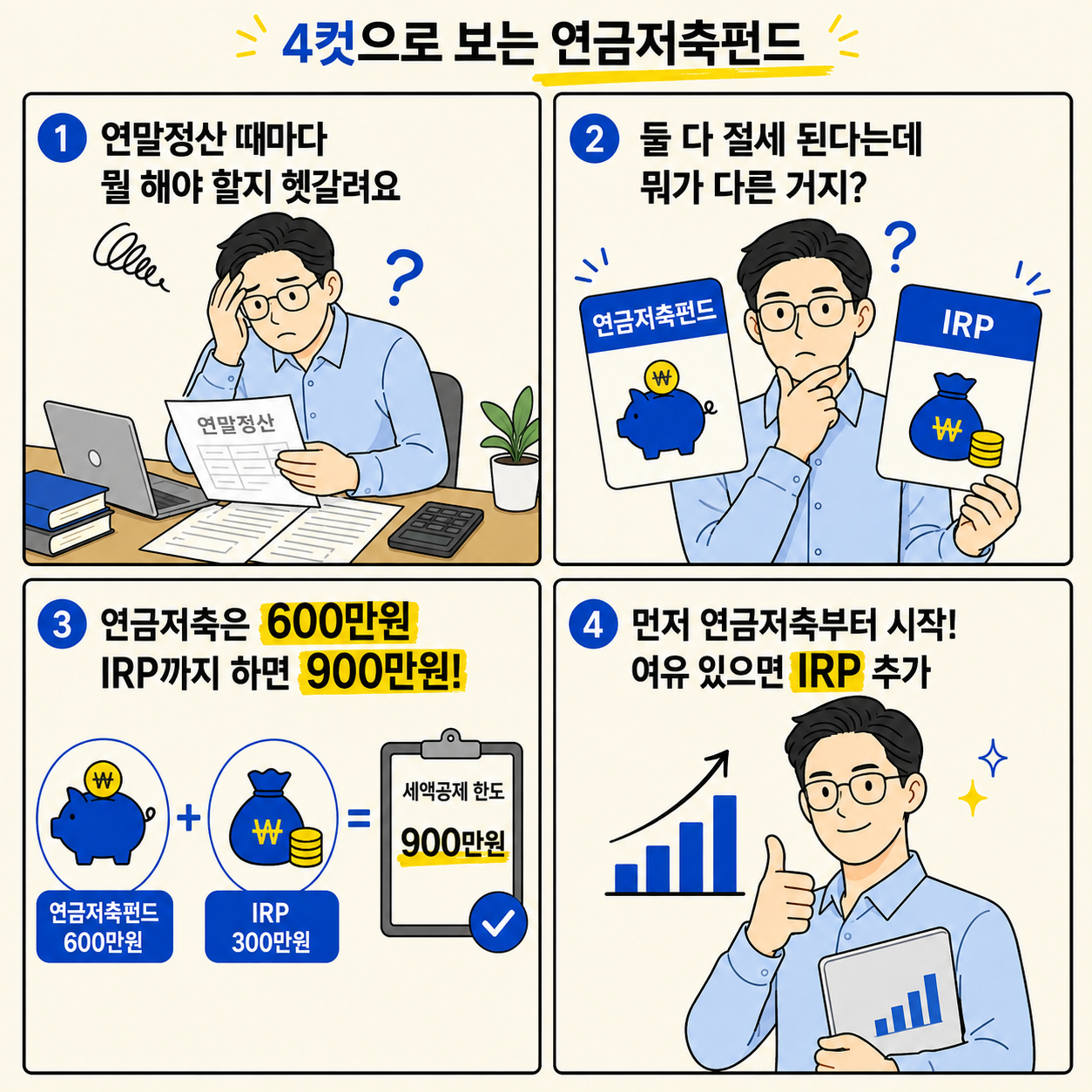연말정산 때 연금저축펀드와 IRP 차이를 헷갈려하는 직장인이 세액공제 한도와 가입 순서를 이해하는 과정을 4컷 만화로 설명한 이미지다.