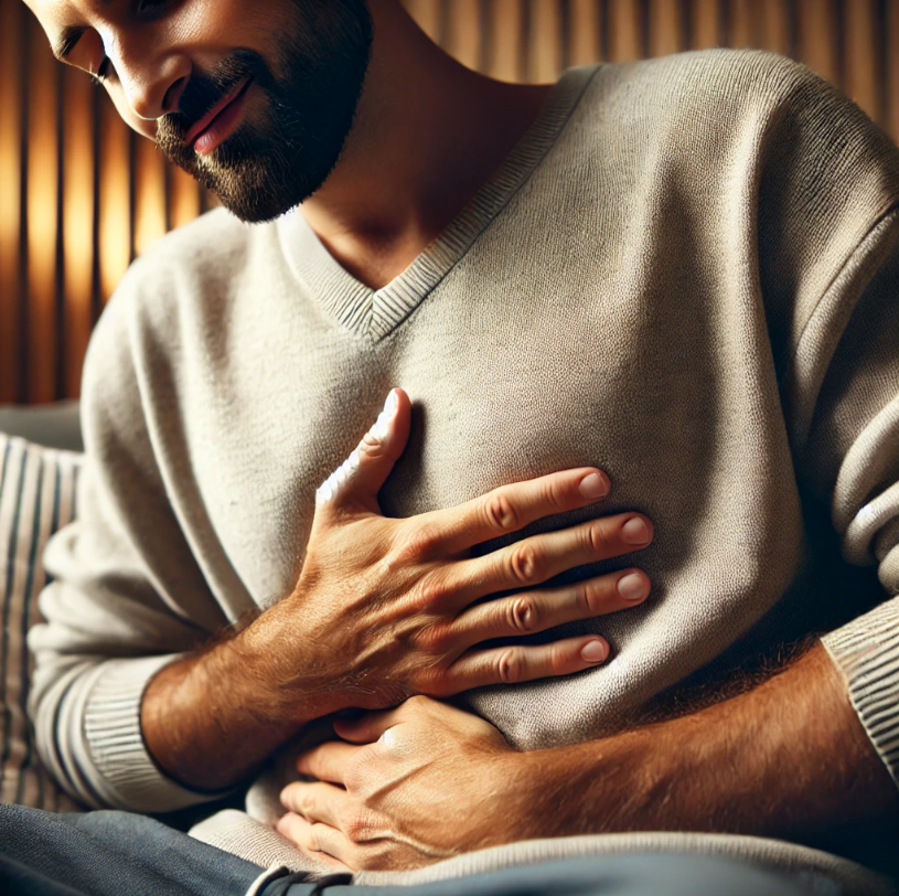 배를 만지며 편안한 표정을 짓는 남성