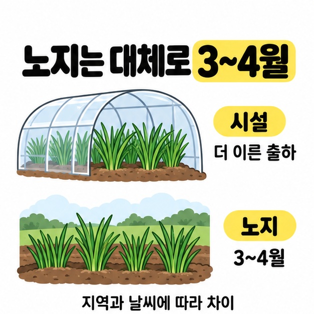 시설재배의 더 이른 출하와 노지의 대체적인 3~4월 수확을 비교하고 지역과 날씨에 따른 차이를 안내하는 그림