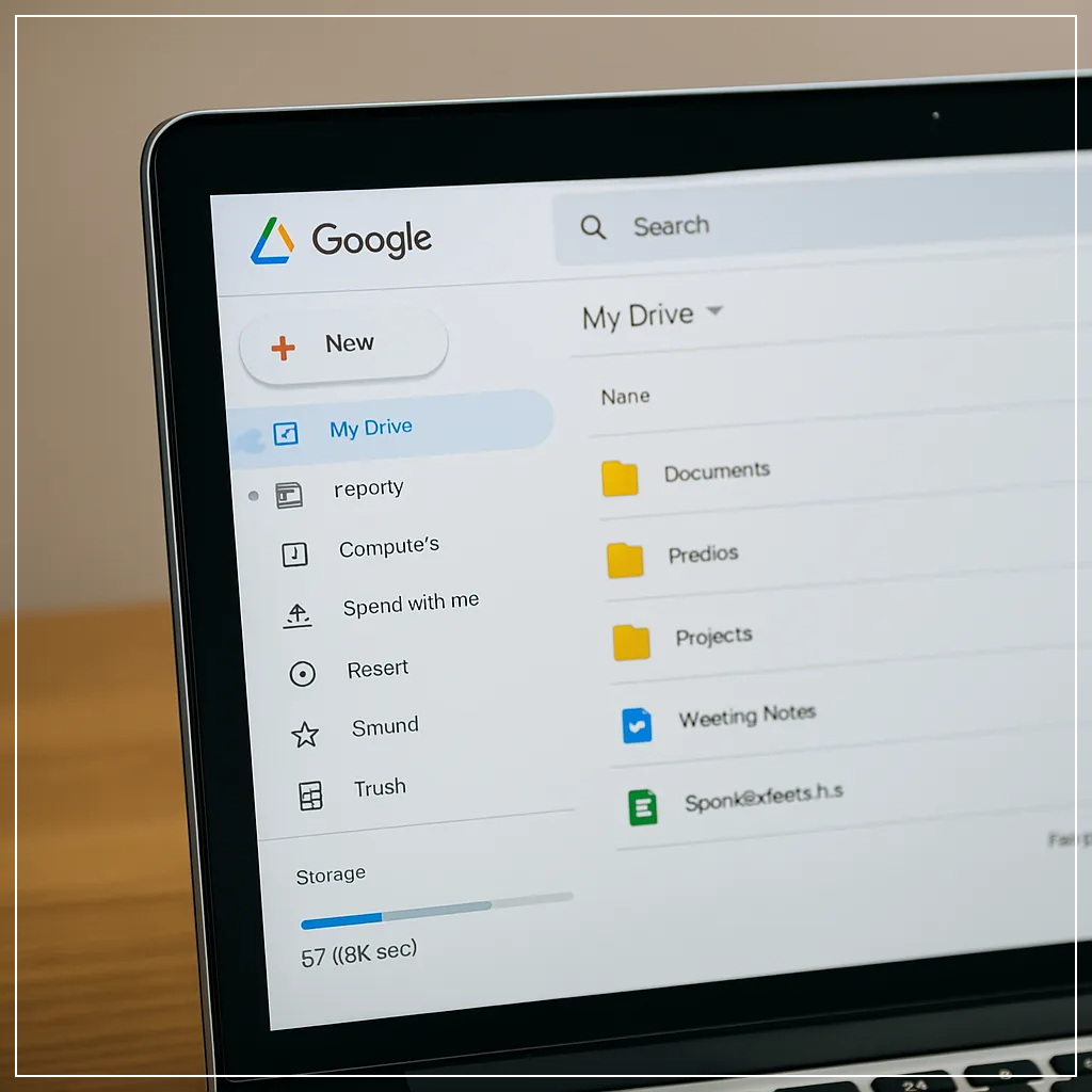 노트북 화면에 열린 구글 드라이브 인터페이스가 선명하게 보이며, 다양한 폴더들이 깔끔하게 정리된 모습