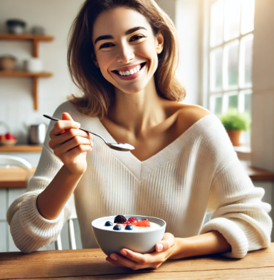 장 건강에 좋은 발효식품인 요거트를 먹는 모습