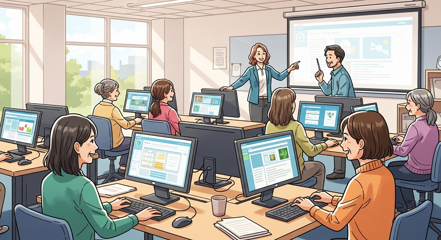 직업훈련센터에서 컴퓨터 교육을 받는 중년 여성들과 강사의 모습, 밝고 현대적인 교육 환경, 희망적인 분위기