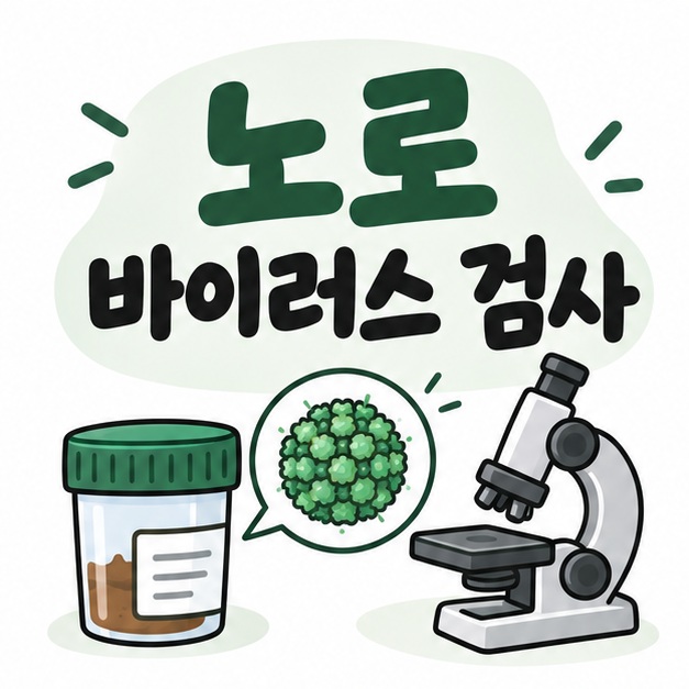 대변 검체 용기와 바이러스 아이콘 옆에 노로 바이러스 검사라는 제목이 크게 적힌 대표 썸네일