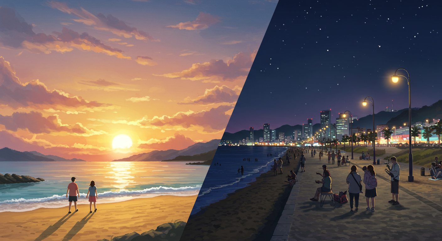 해운대 아침 산책과 광안리 야경 감상 장면 일러스트