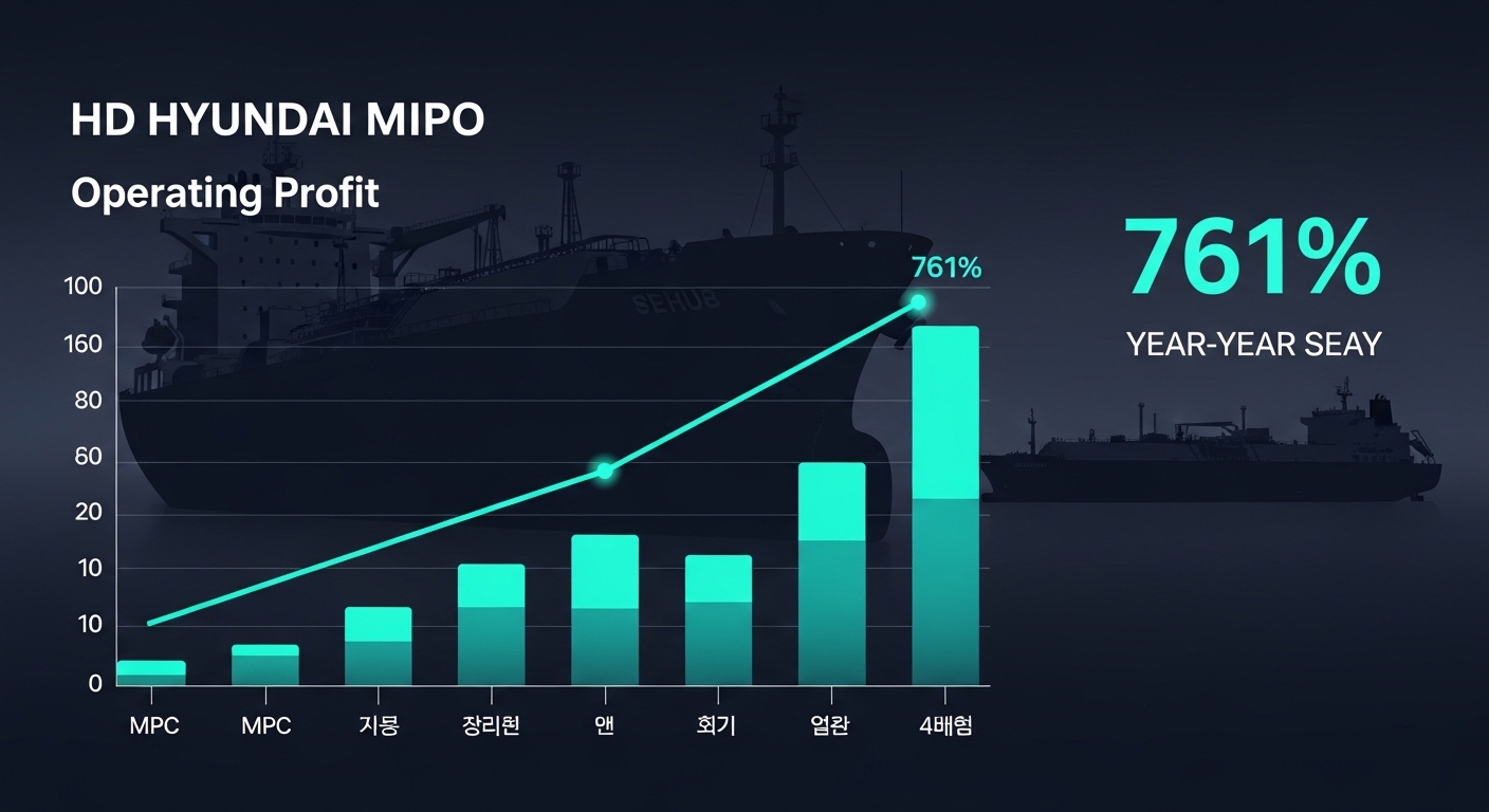 Professional financial dashboard showing HD Hyundai Mipo operating profit surge chart 761% year over year. Dark navy background, glowing teal bar chart, Korean financial data style. MPC tanker and LNG dual fuel ship silhouettes in background.