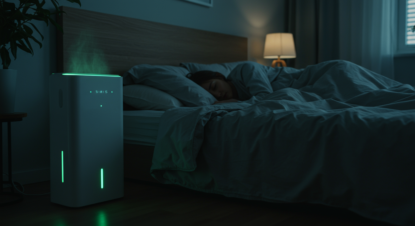 2025년 조용한 제습기가 작동하는 쾌적한 침실에서 숙면을 취하는 사람의 모습