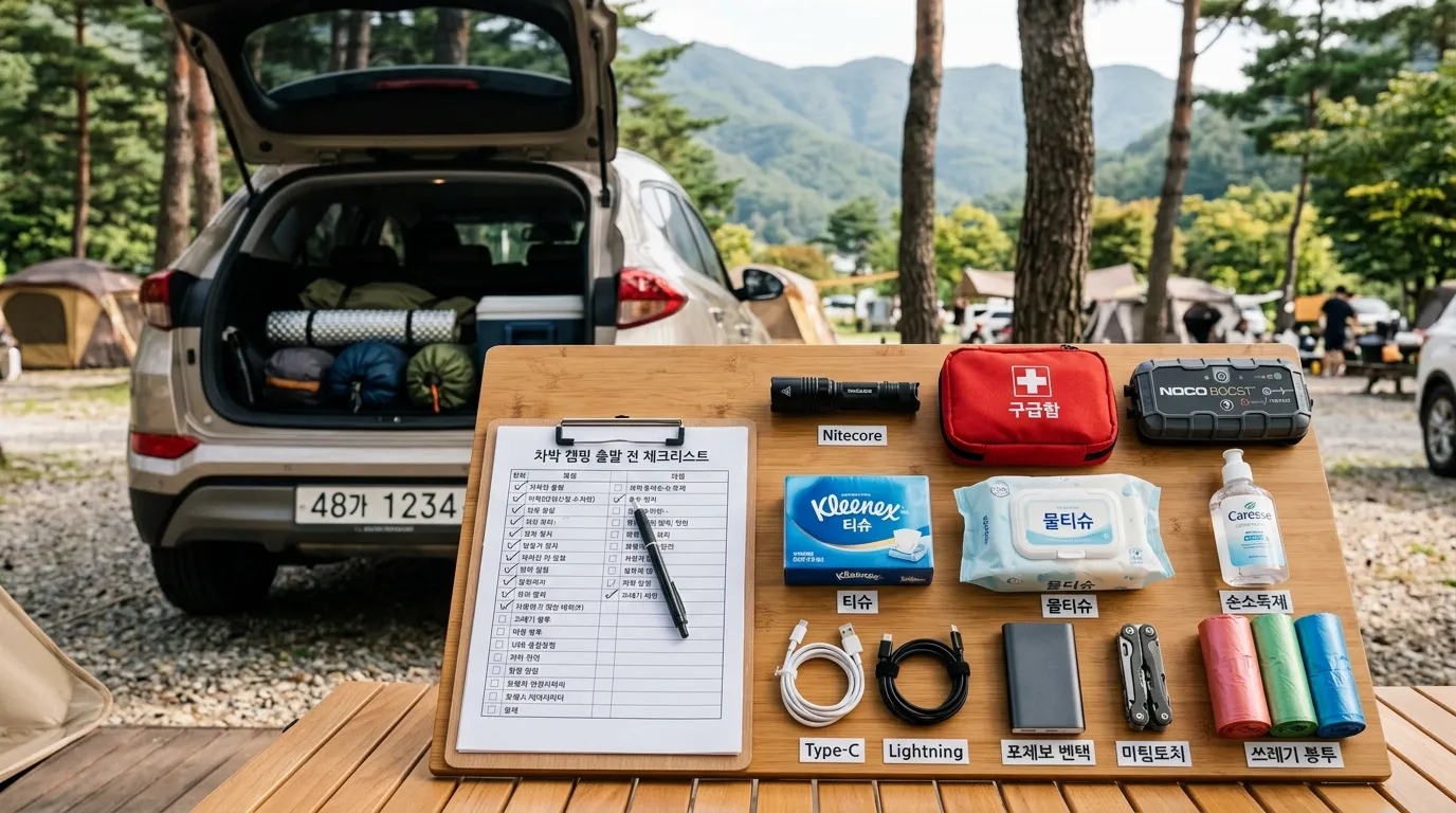 차박 비상용품과 위생용품, 출발 전 체크리스트를 정리한 장면