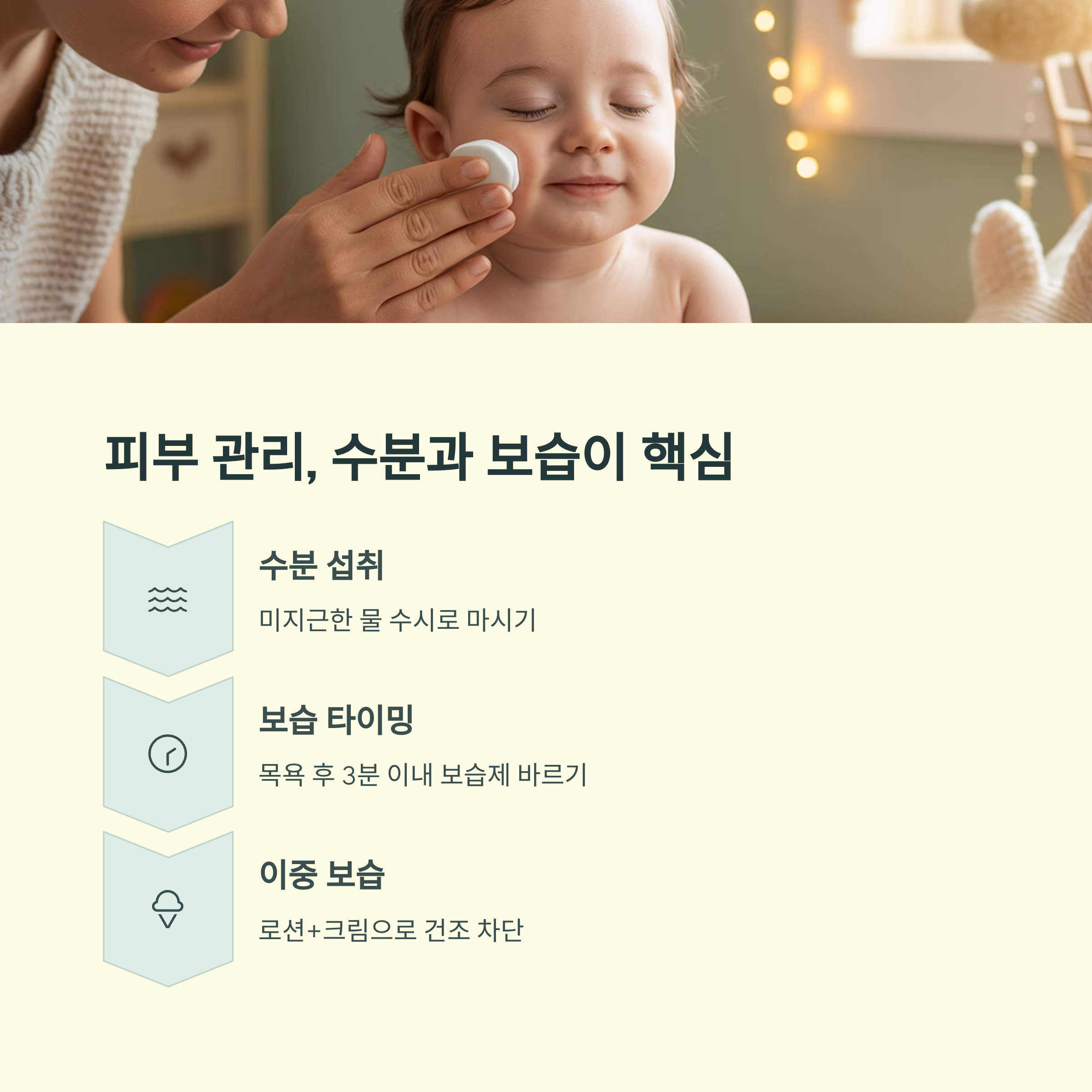 보습 케어 받는 아기의 모습과 함께 수분 섭취, 보습 타이밍, 이중 보습 관리법을 안내하는 피부 관리 팁 이미지