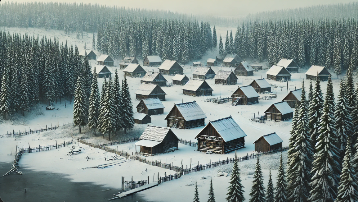 한대기후의 겨울 마을 풍경, 눈이 덮인 전통 목조 주택과 소나무 숲