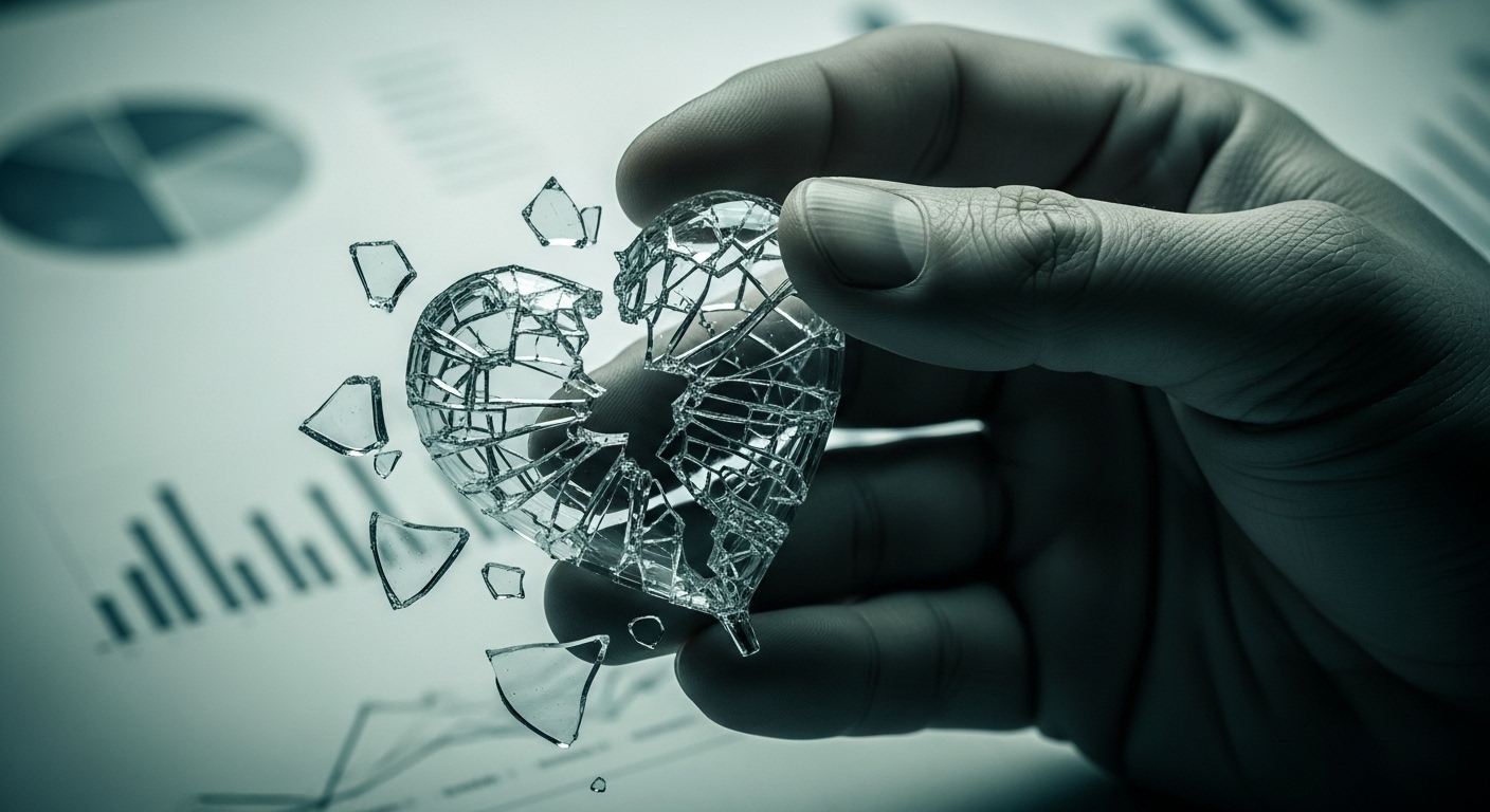 손에 깨진 유리 심장을 들고 슬픈 표정을 짓는 사람의 클로즈업. 배경에는 흐릿하게 금융 서류들이 보인다. 무너진 신뢰와 금전적 고통을 상징하는 이미지.