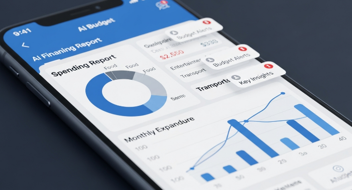 AI 가계부 앱의 상세 지출 분석 보고서 화면, 다양한 그래프와 차트로 소비 패턴을 시각적으로 보여줍니다.
